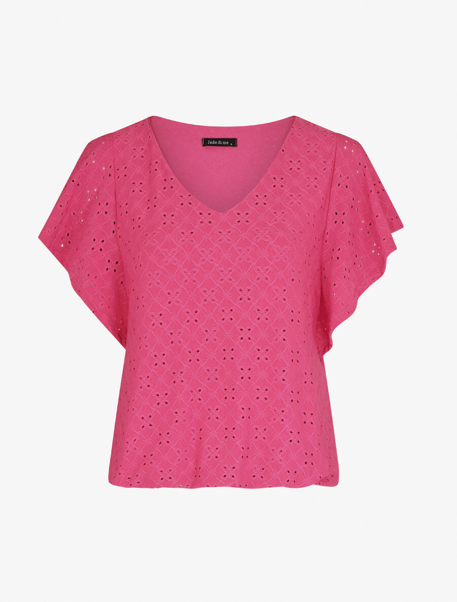 Top à manches volantées et broderies - Fushia - 1