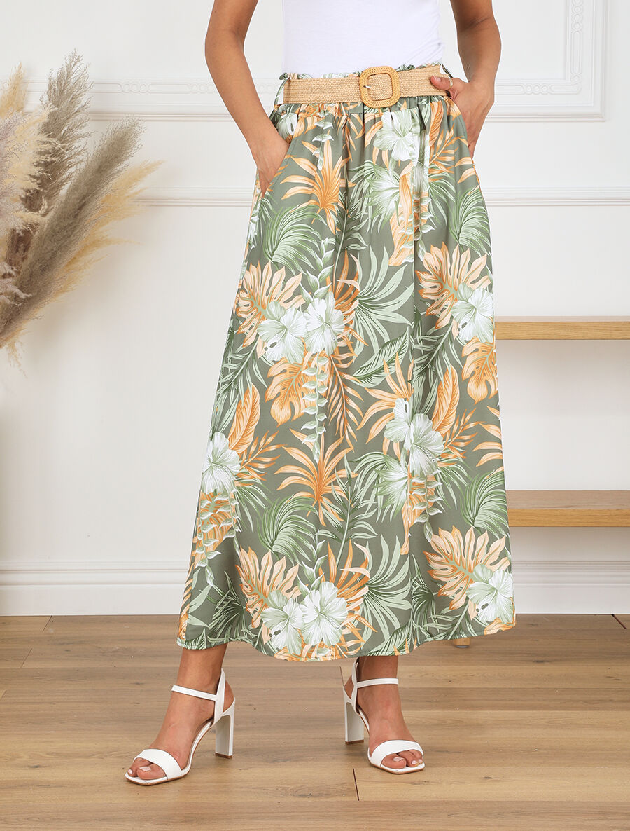 Jupe longue taille haute imprimé tropical - Vert - 4