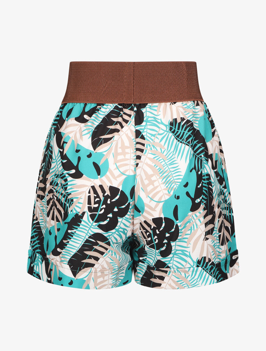 Short à taille haute style corset imprimé tropical - Bleu canard - 2