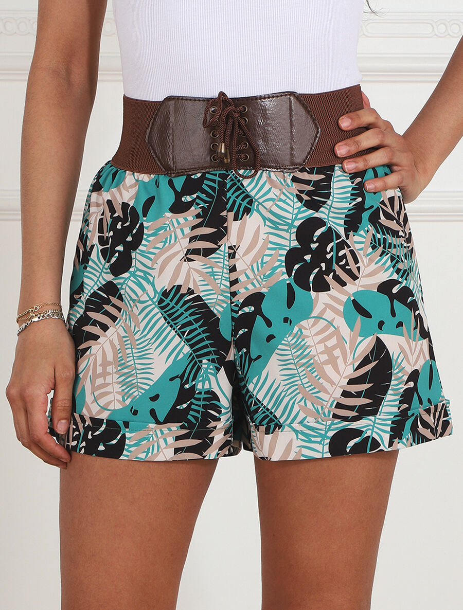 Short à taille haute style corset imprimé tropical - Bleu canard - 4
