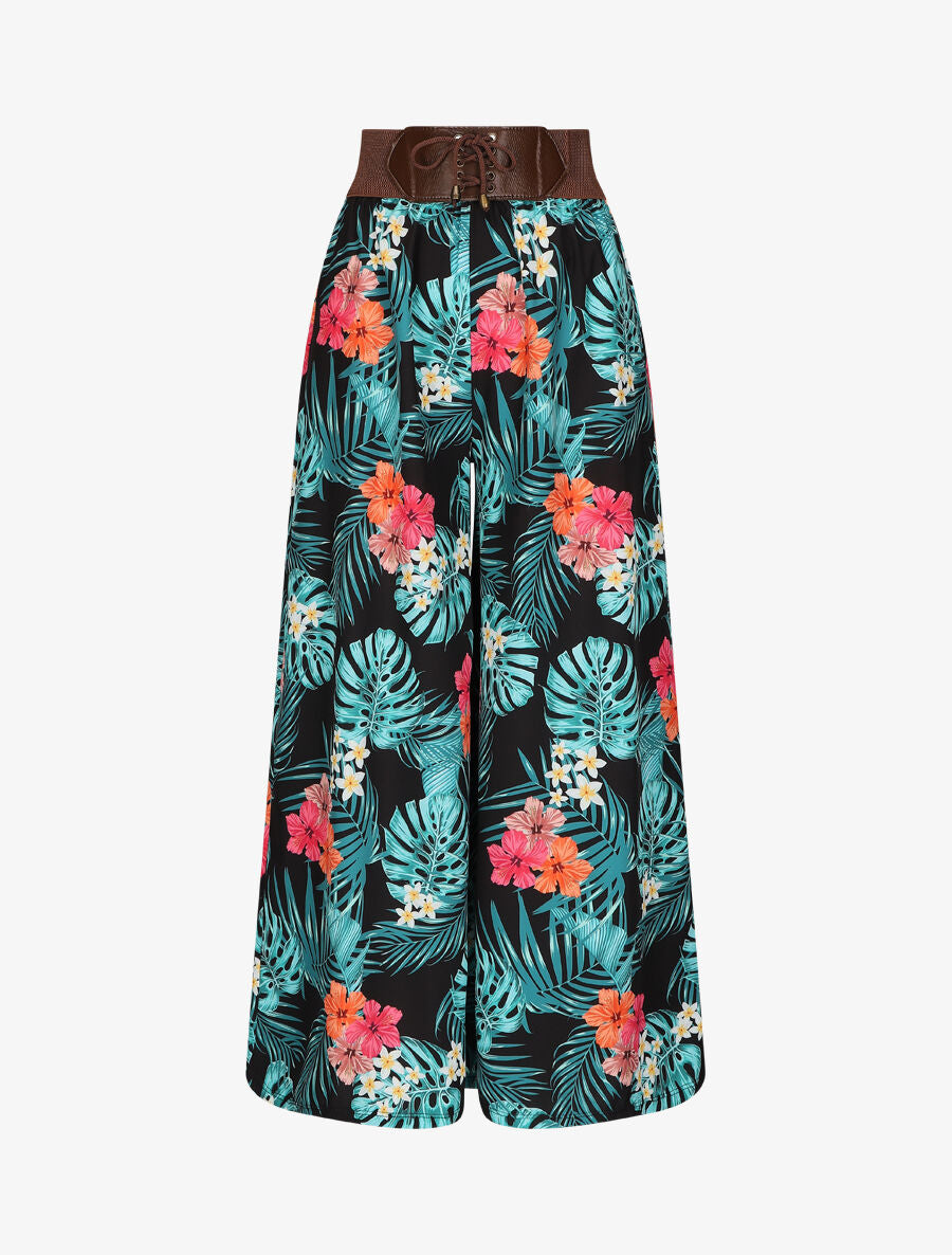 Pantalon ample motif fleurs tropicales - Noir - 1