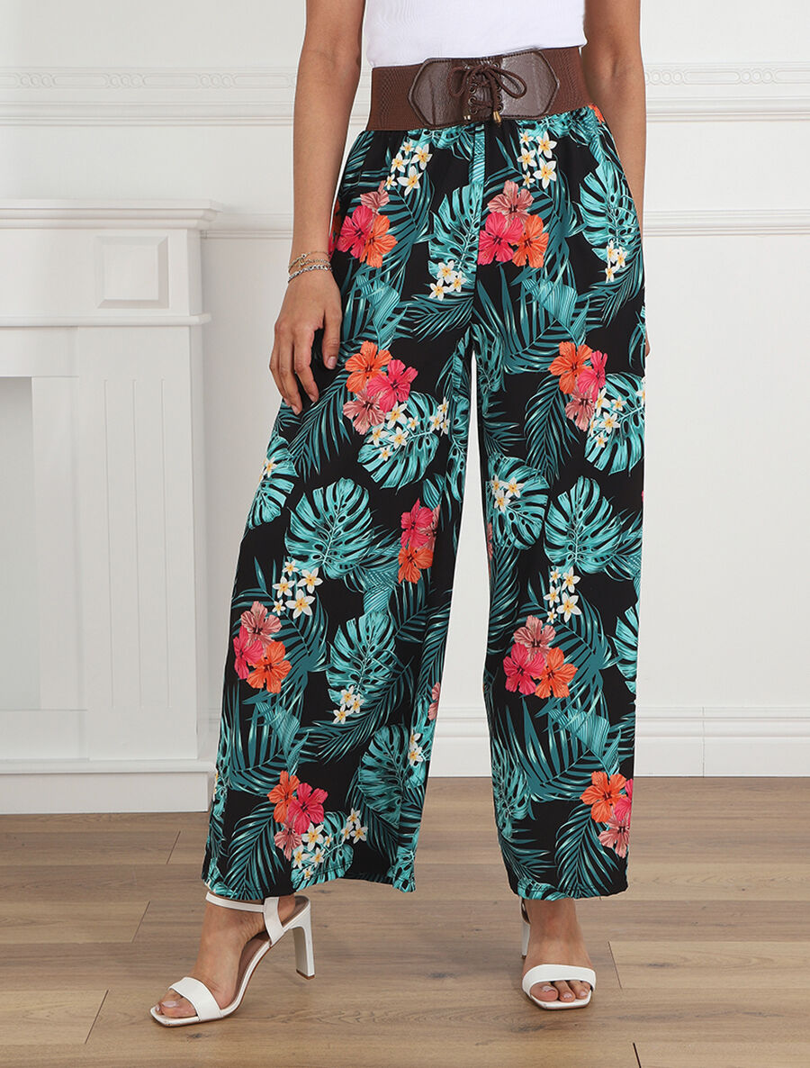 Pantalon ample motif fleurs tropicales - Noir - 4