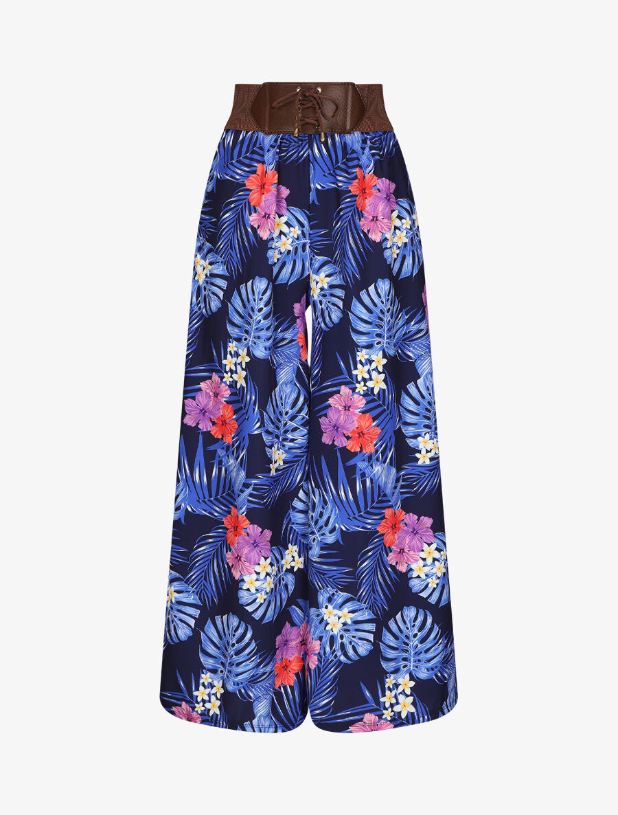 Pantalon ample motif fleurs tropicales - Marine - 1