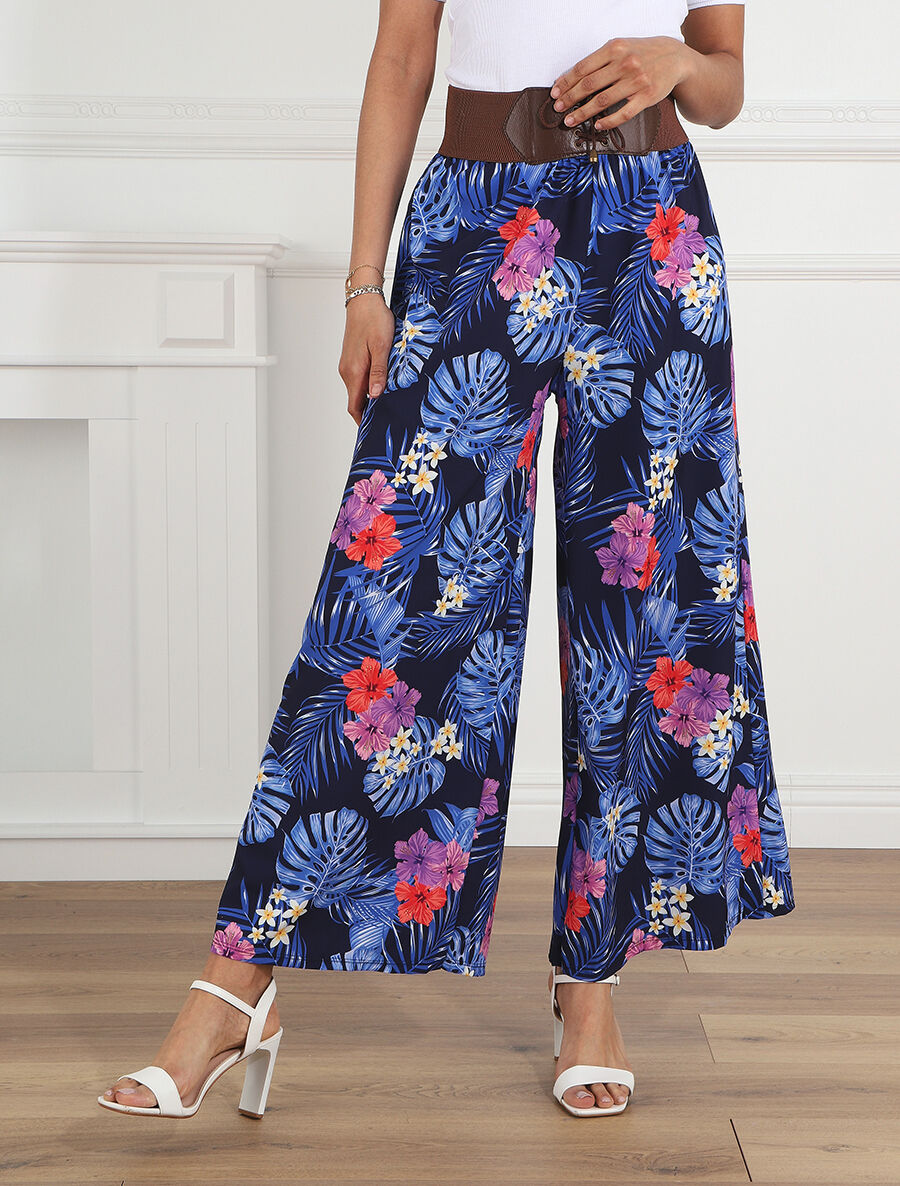 Pantalon ample motif fleurs tropicales - Marine - 4