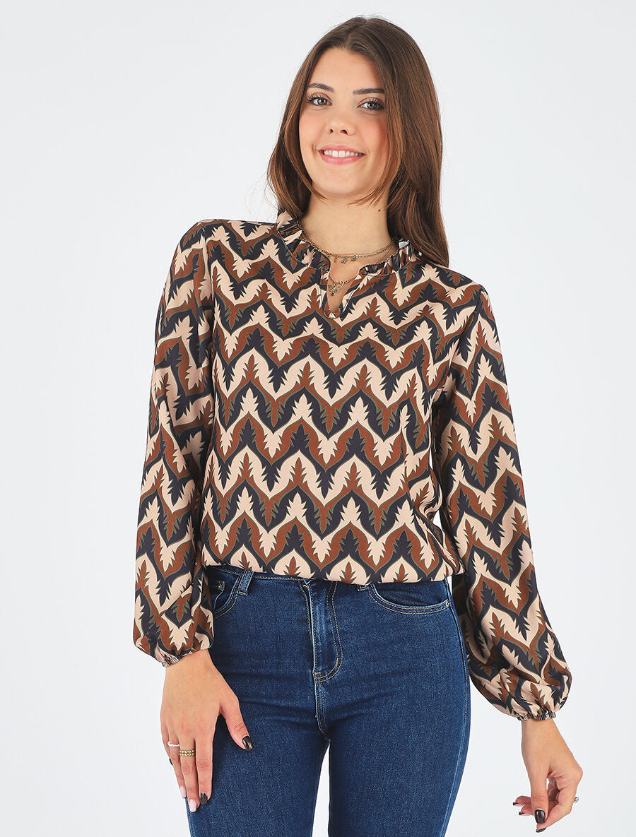 Top col volanté imprimé fantaisie - Noir - 4