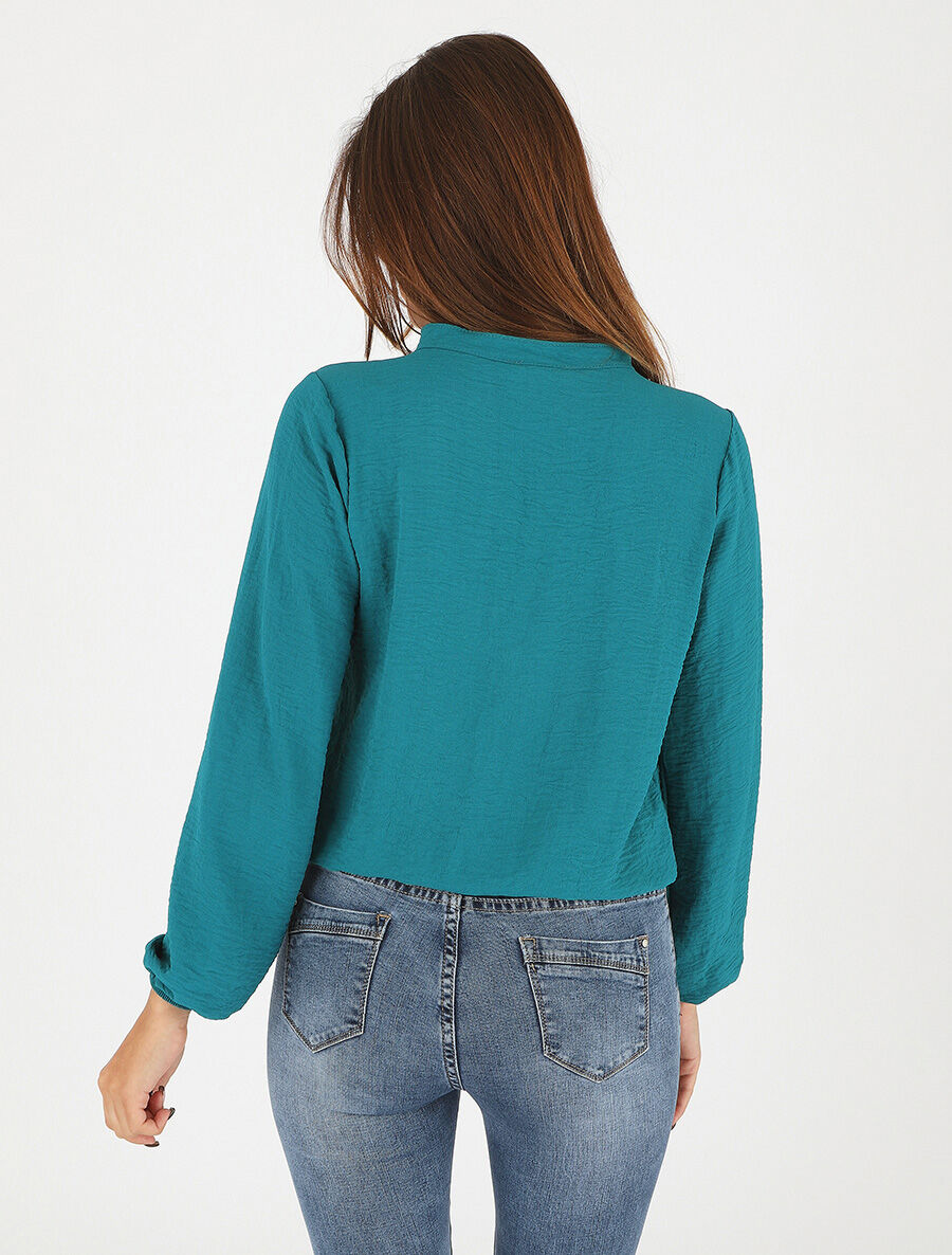 Blouse droite unie à manches longues et col V - Bleu canard - 5