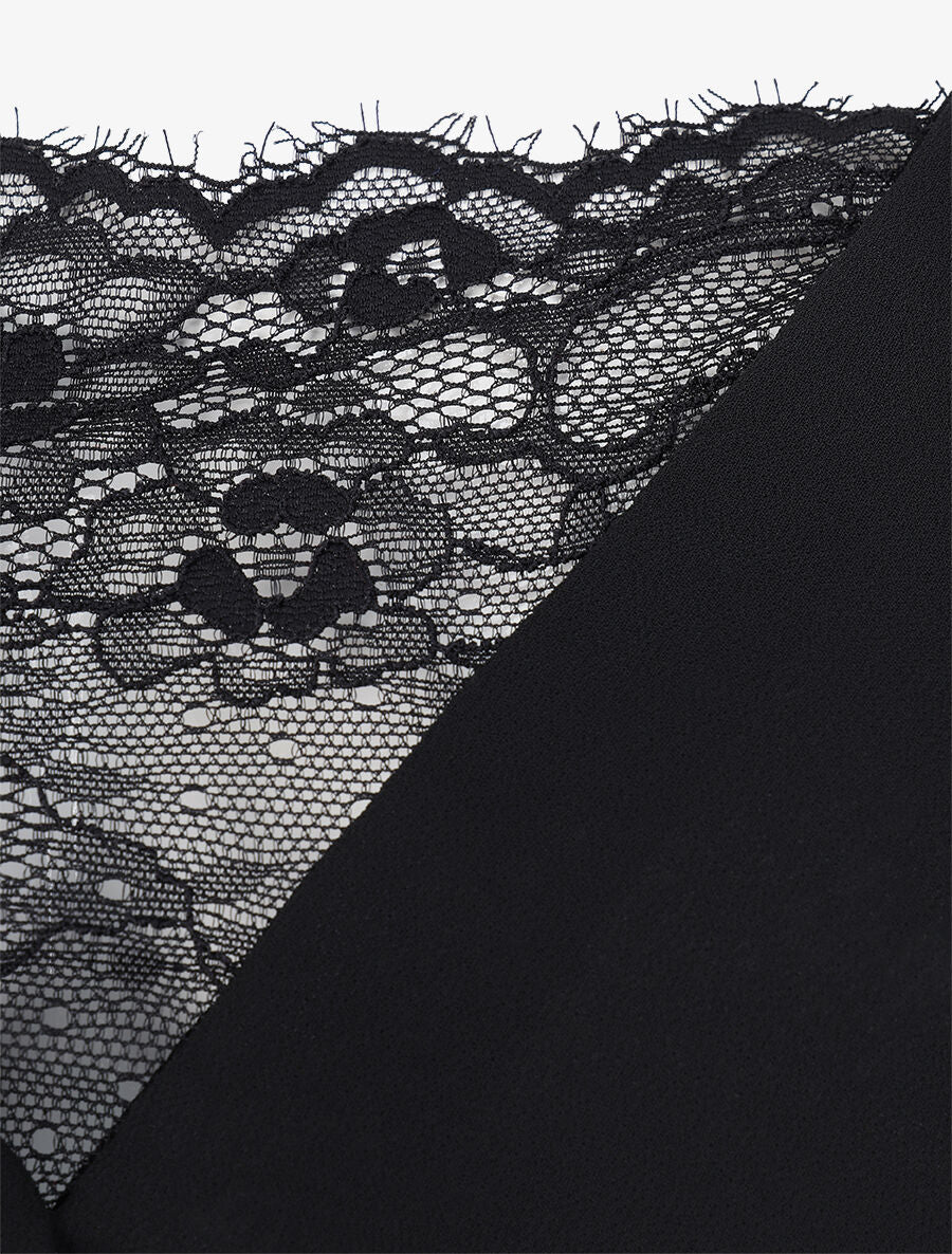 Caraco en voile à col à détail dentelle - Noir - 3