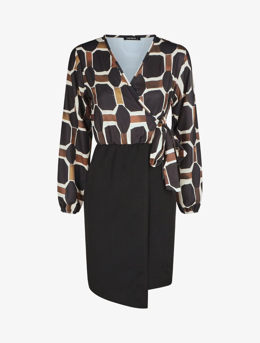 Robe portefeuille ajustée imprimé fantaisie - Noir - 1