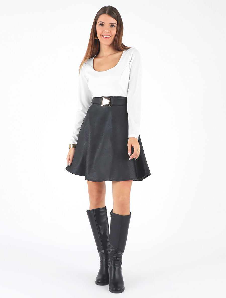 Robe patineuse simili manches longues - Blanc - 4