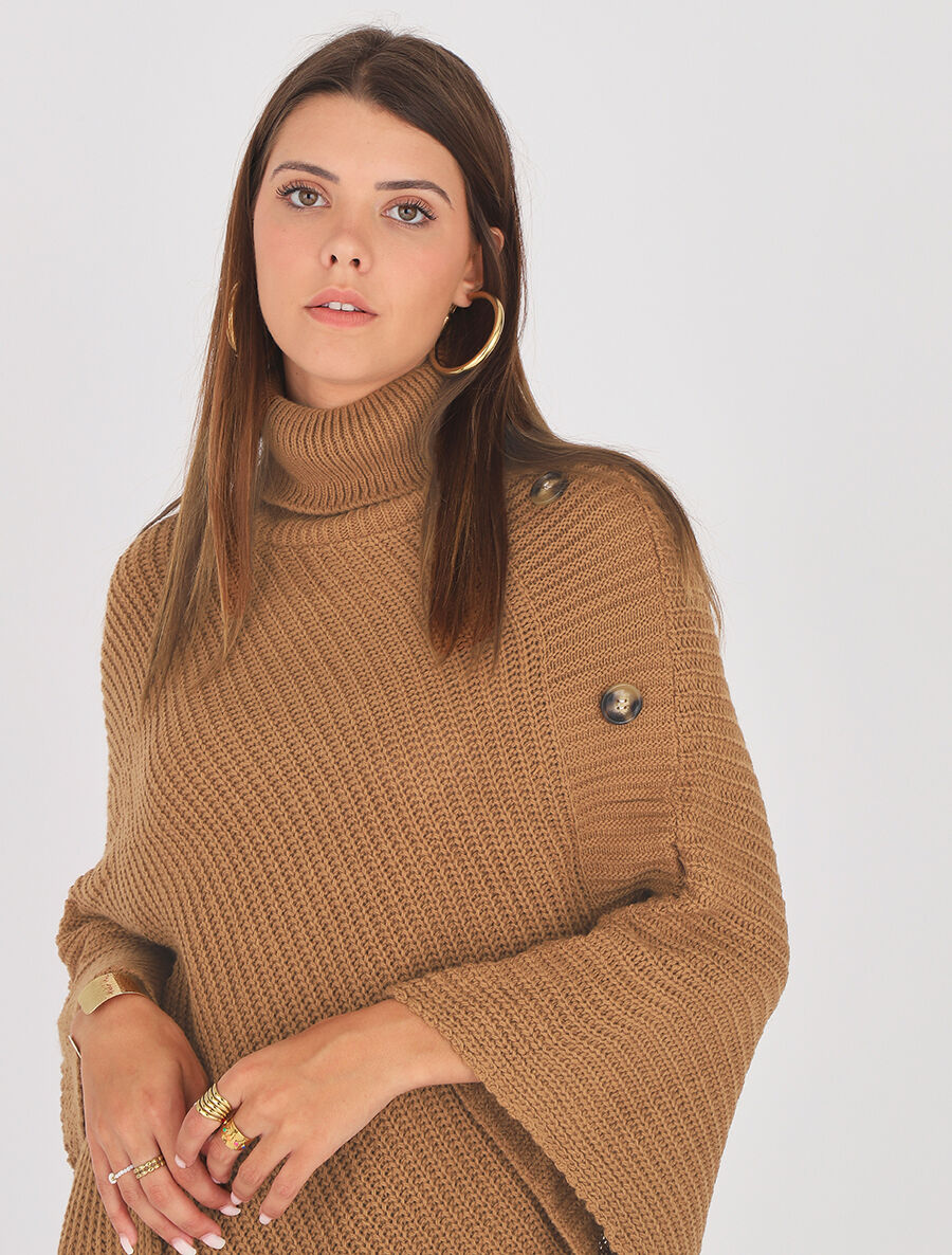 Poncho col roulé à boutons - Camel - 4