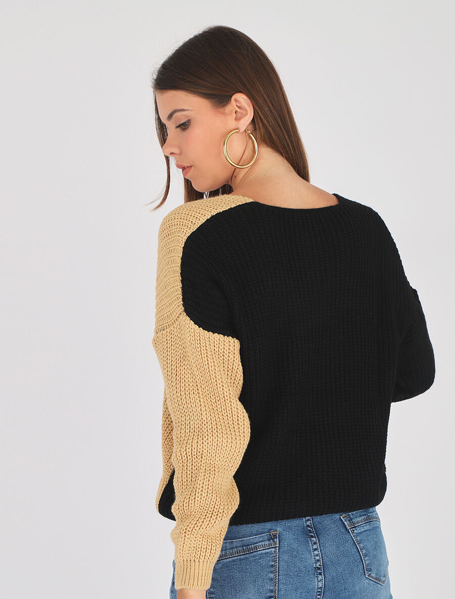 Pull droit bicolore - Noir/camel - 5