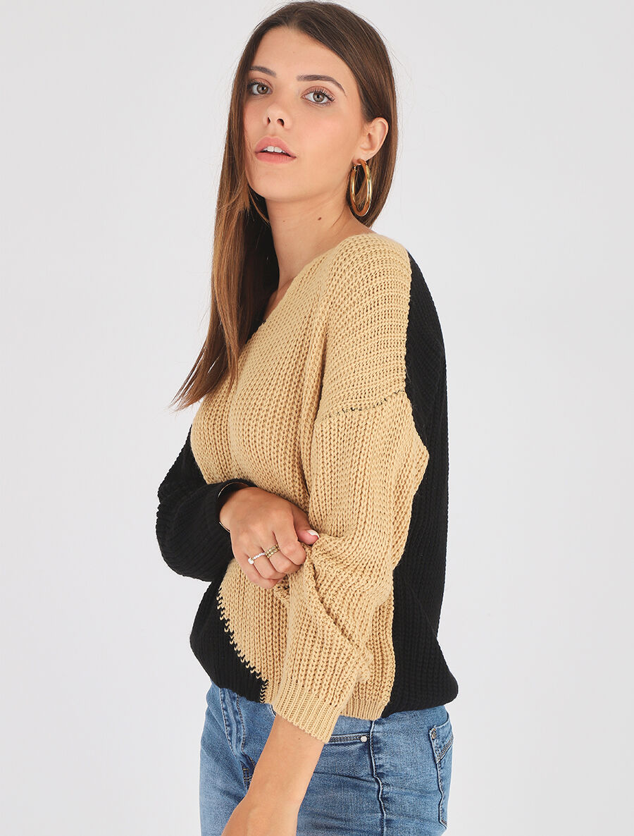 Pull droit bicolore - Noir/camel - 4