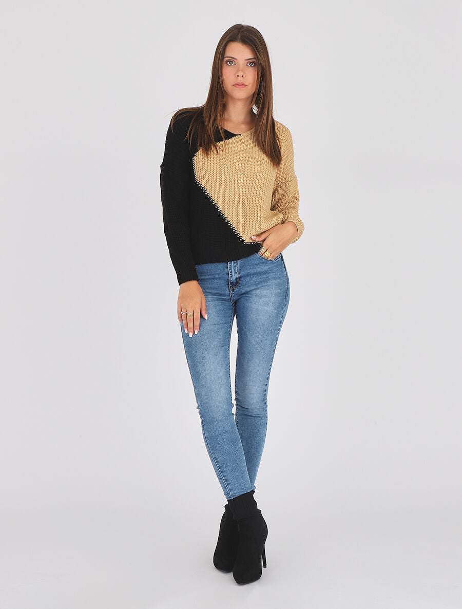 Pull droit bicolore - Noir/camel - 6