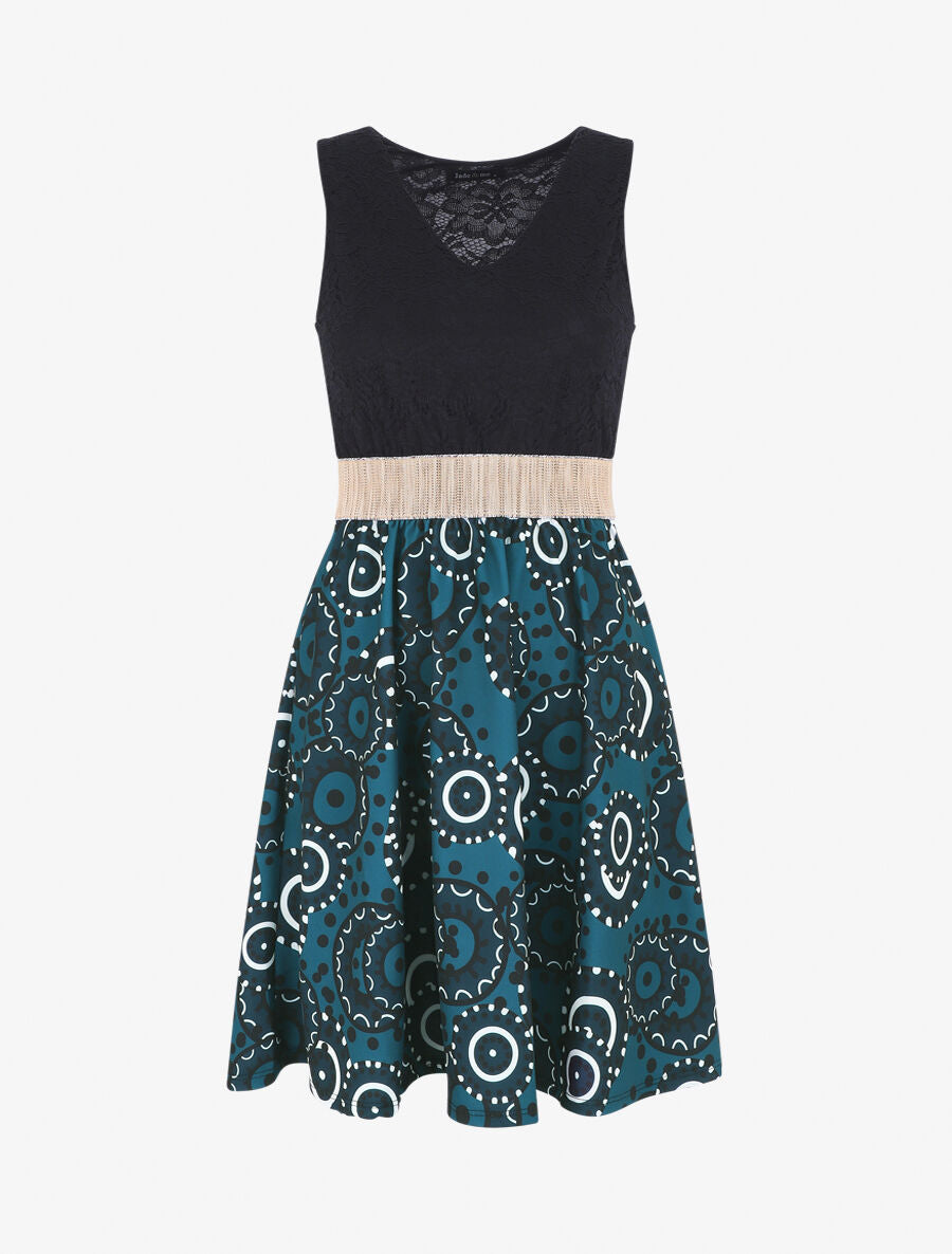 Robe évasée imprimé graphique et dentelle - Bleu canard - 1