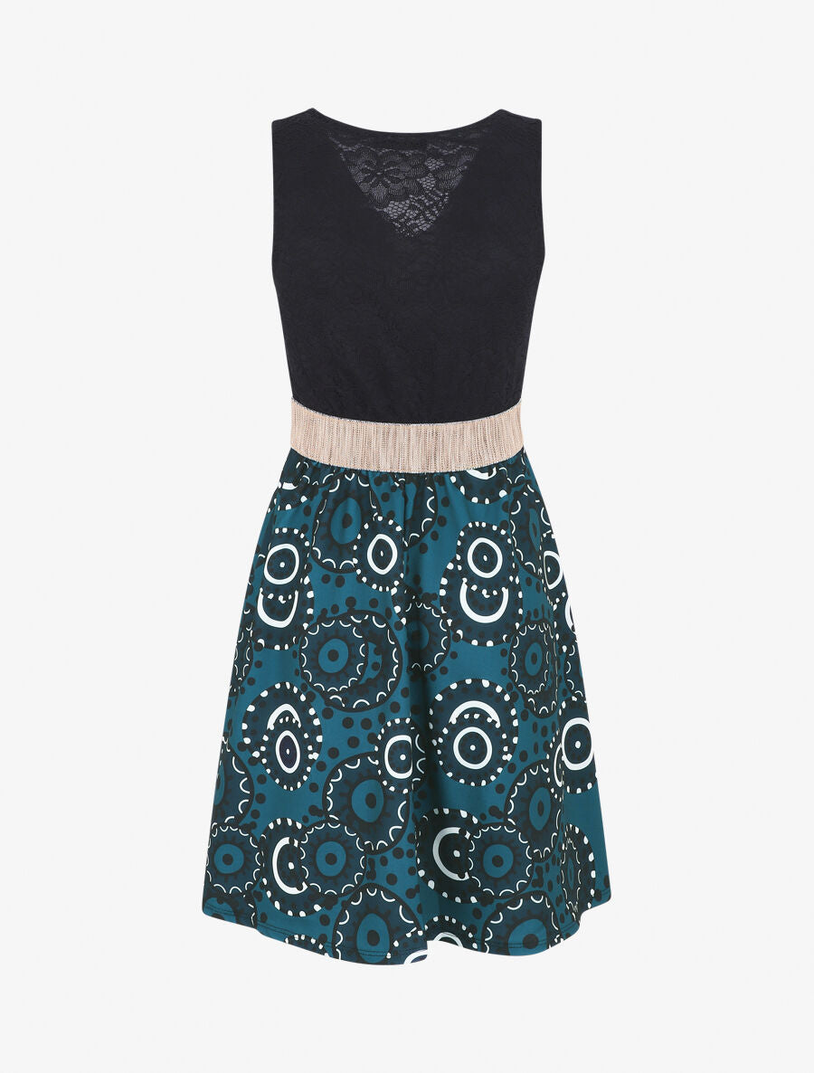Robe évasée imprimé graphique et dentelle - Bleu canard - 2