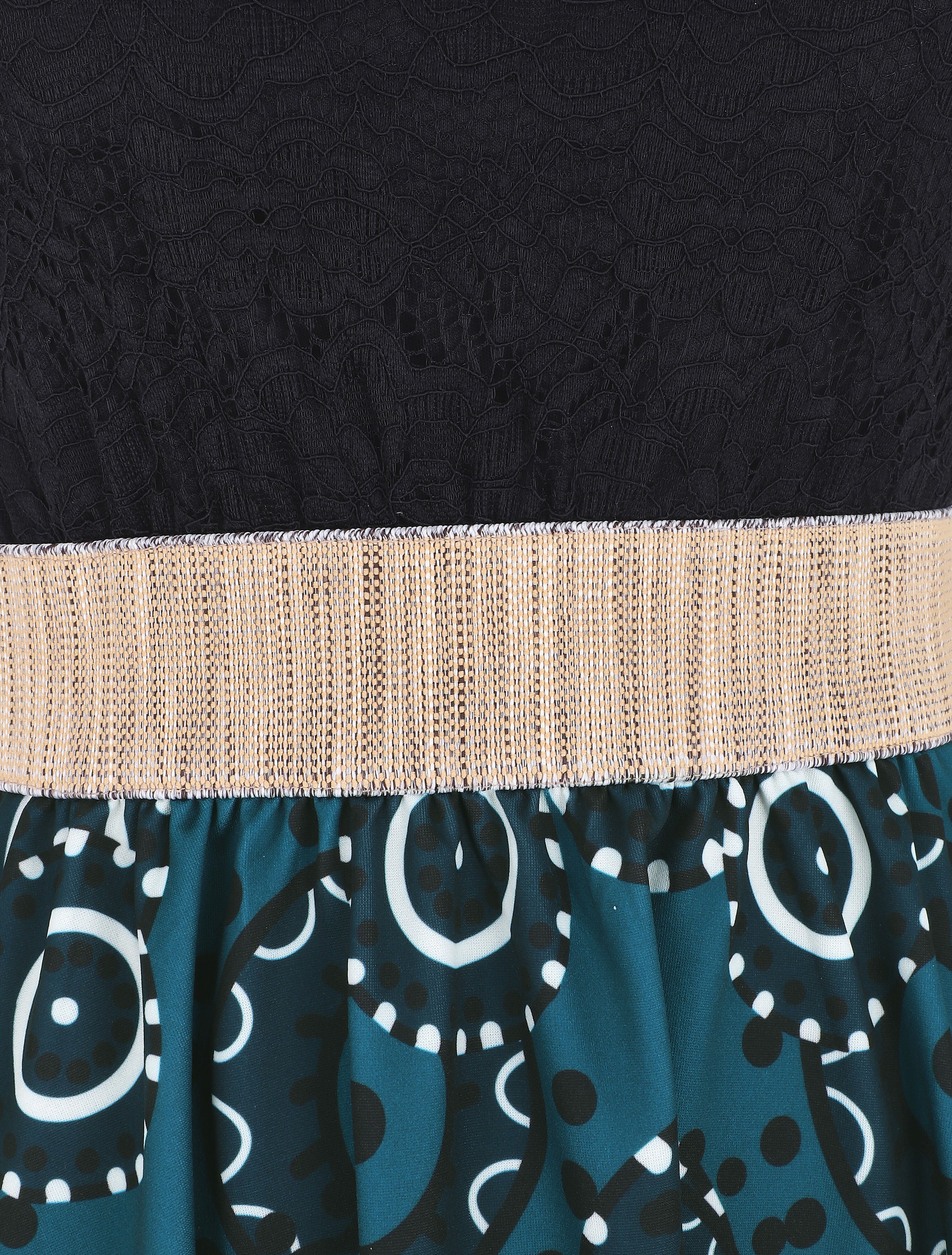 Robe évasée imprimé graphique et dentelle - Bleu canard - 3