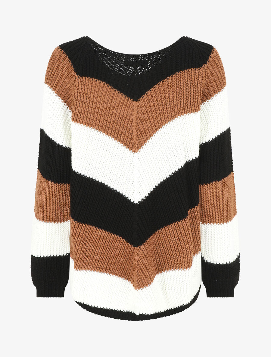 Pull droit rayé col rond - Camel - 2