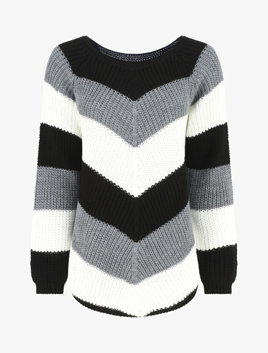 Pull droit rayé col rond - Gris - 1