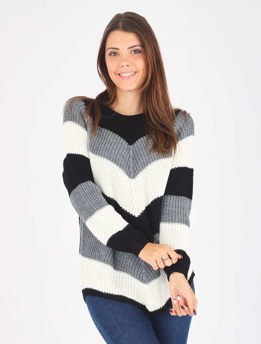 Pull droit rayé col rond - Gris - 4