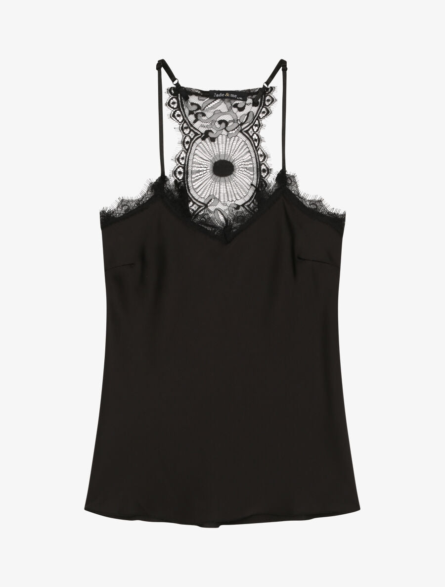 Caraco satiné à dos nageur en dentelle stylisée - Noir - 1