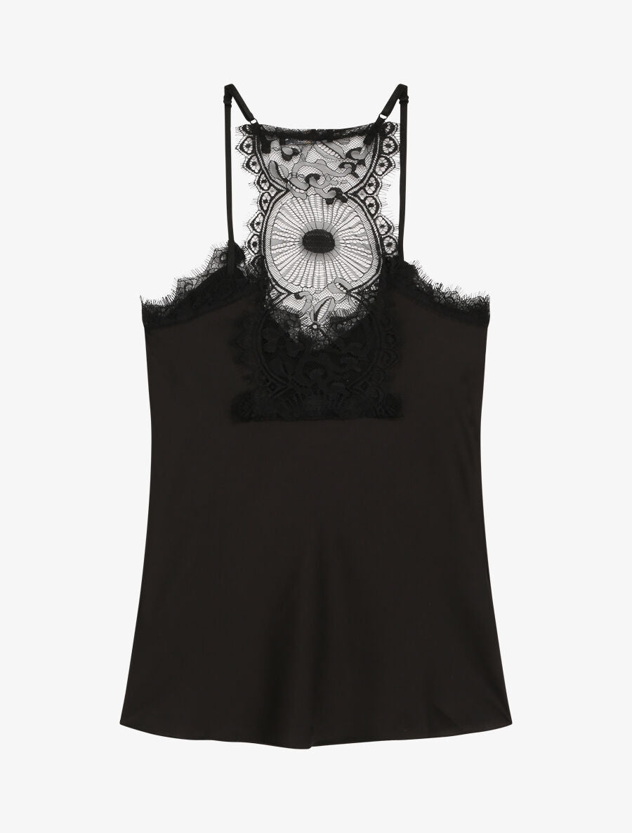 Caraco satiné à dos nageur en dentelle stylisée - Noir - 2