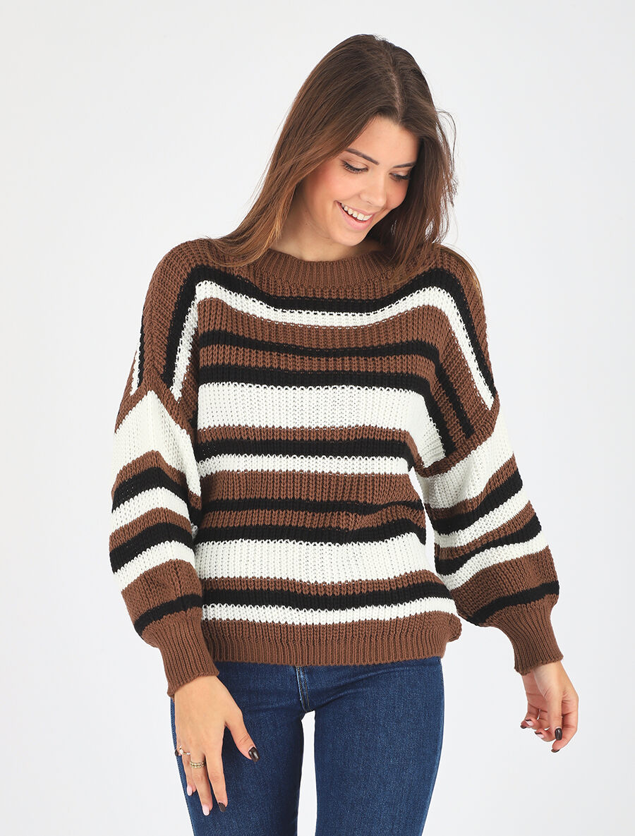 Pull loose à rayures - Marron - 4