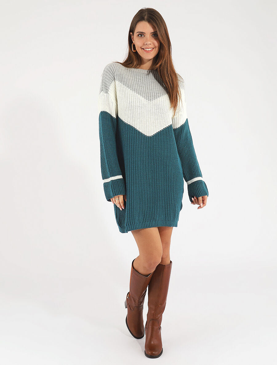 Robe pull ample morif V - Bleu canard - 4