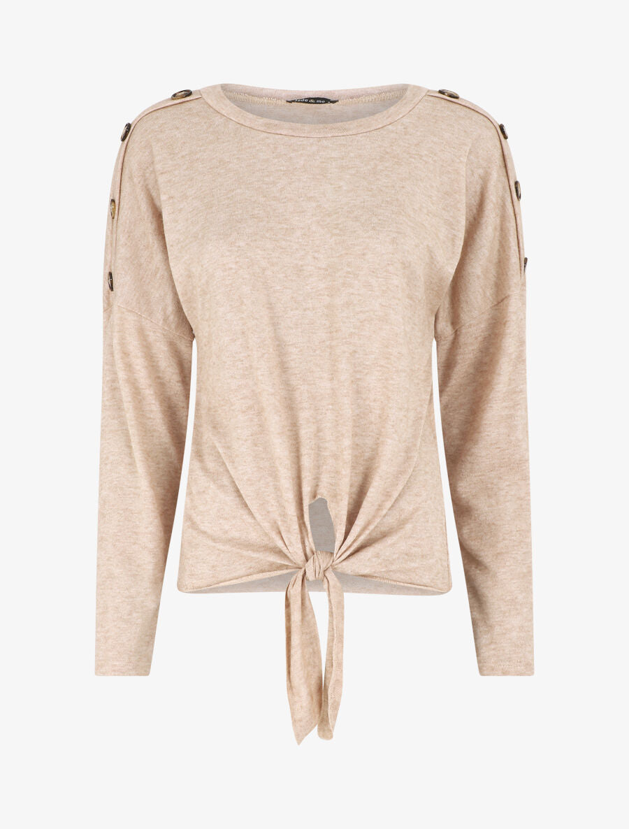 Pull droit uni à noeud et boutons - Beige - 1
