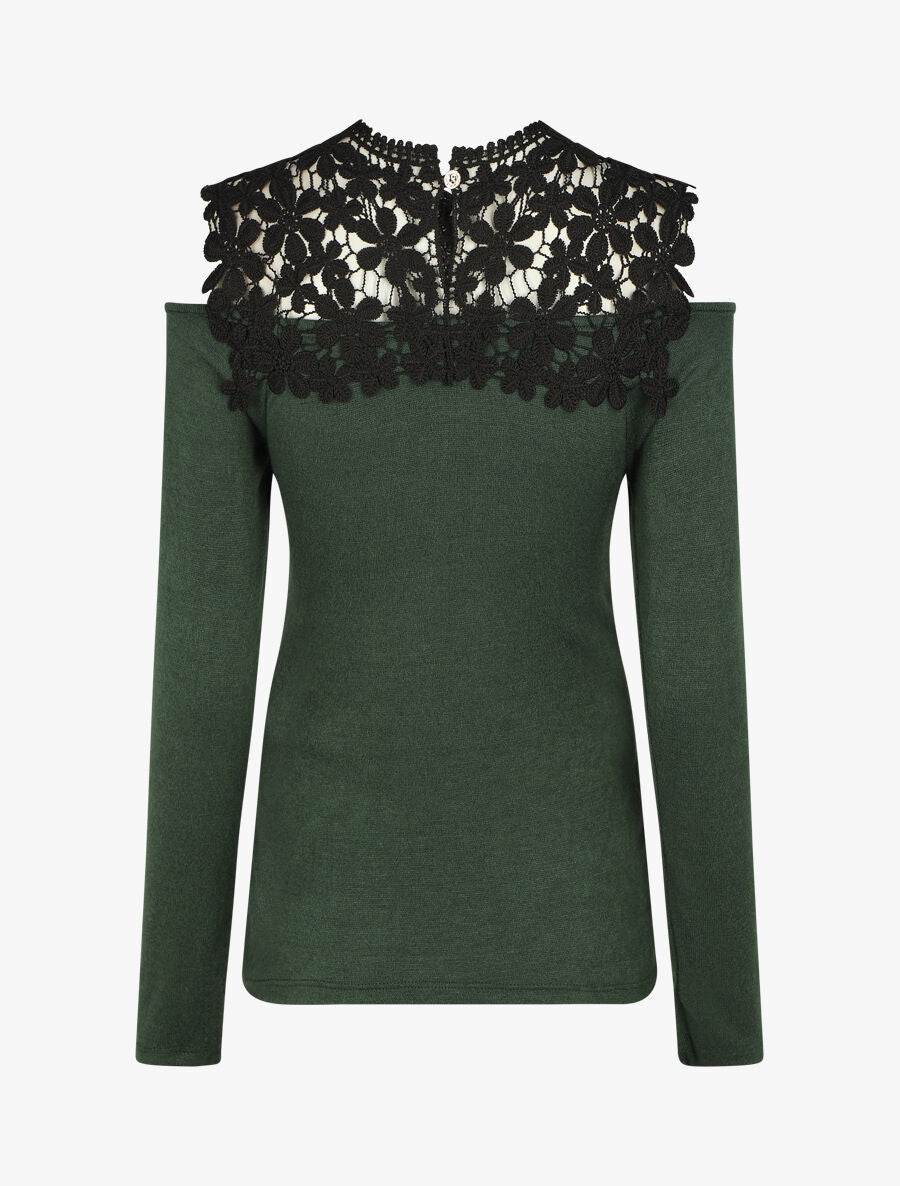 Pull droit à épaules dénudées et crochet - Vert foncé - 2