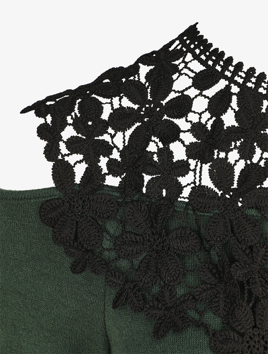 Pull droit à épaules dénudées et crochet - Vert foncé - 3