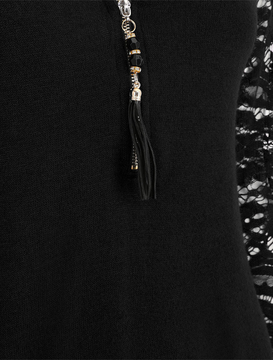 Pull droit uni manches en dentelle - Noir - 3