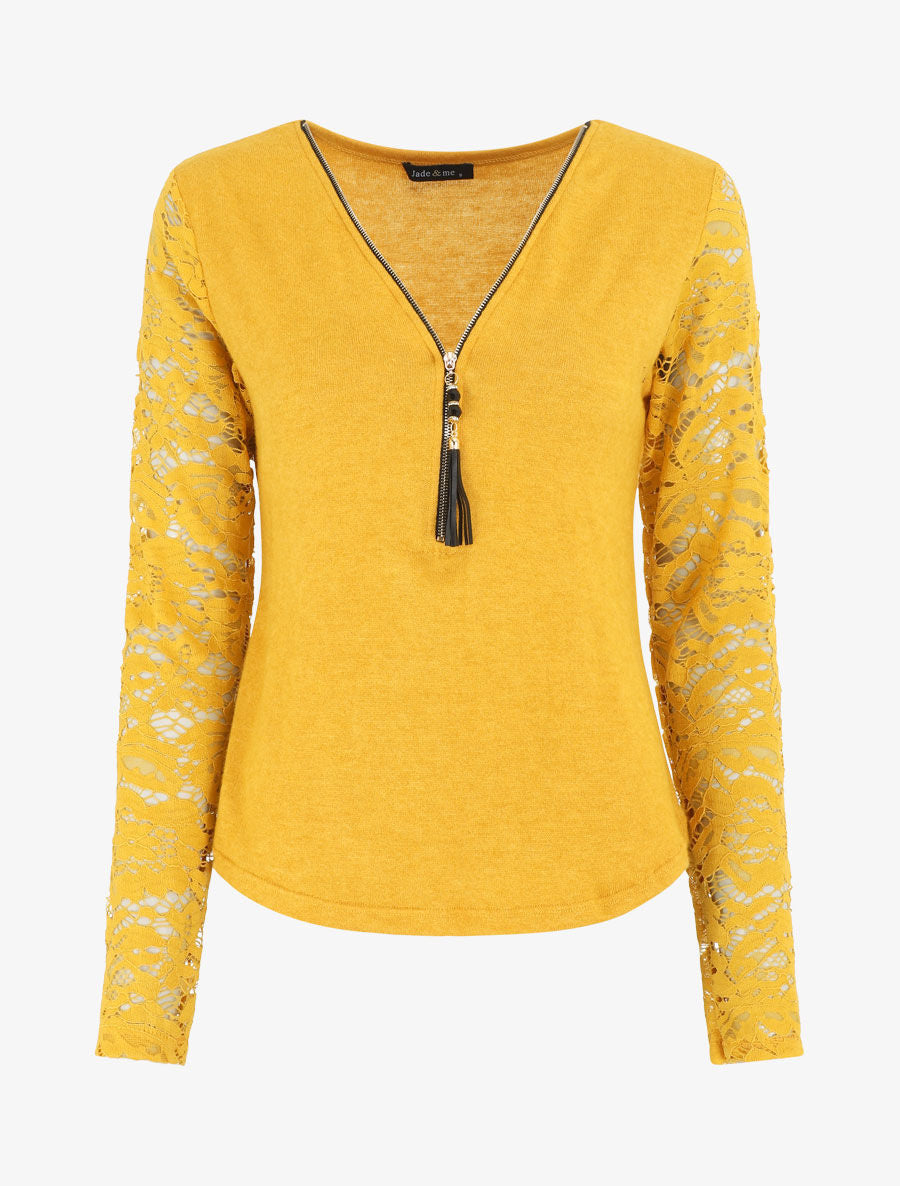 Pull droit uni manches en dentelle - Jaune - 1