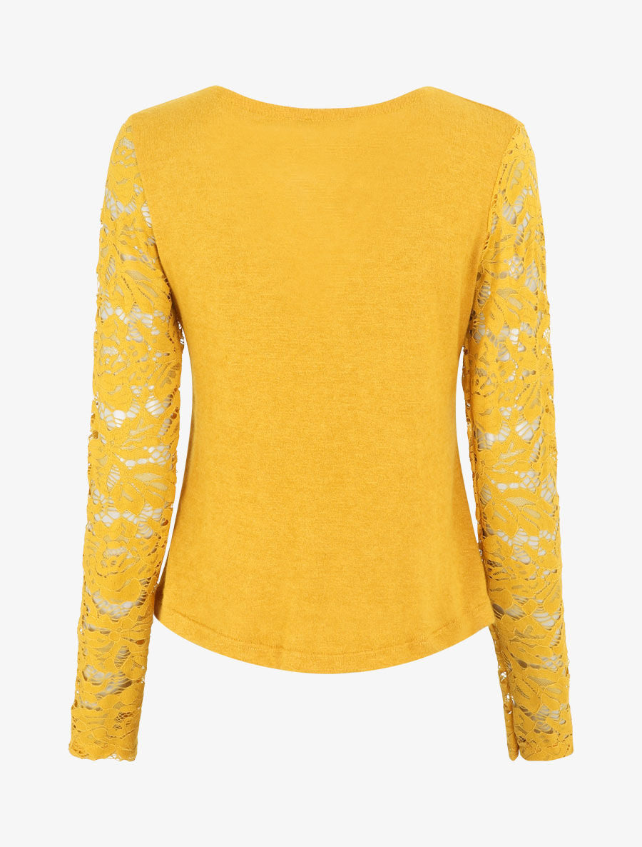 Pull droit uni manches en dentelle - Jaune - 2