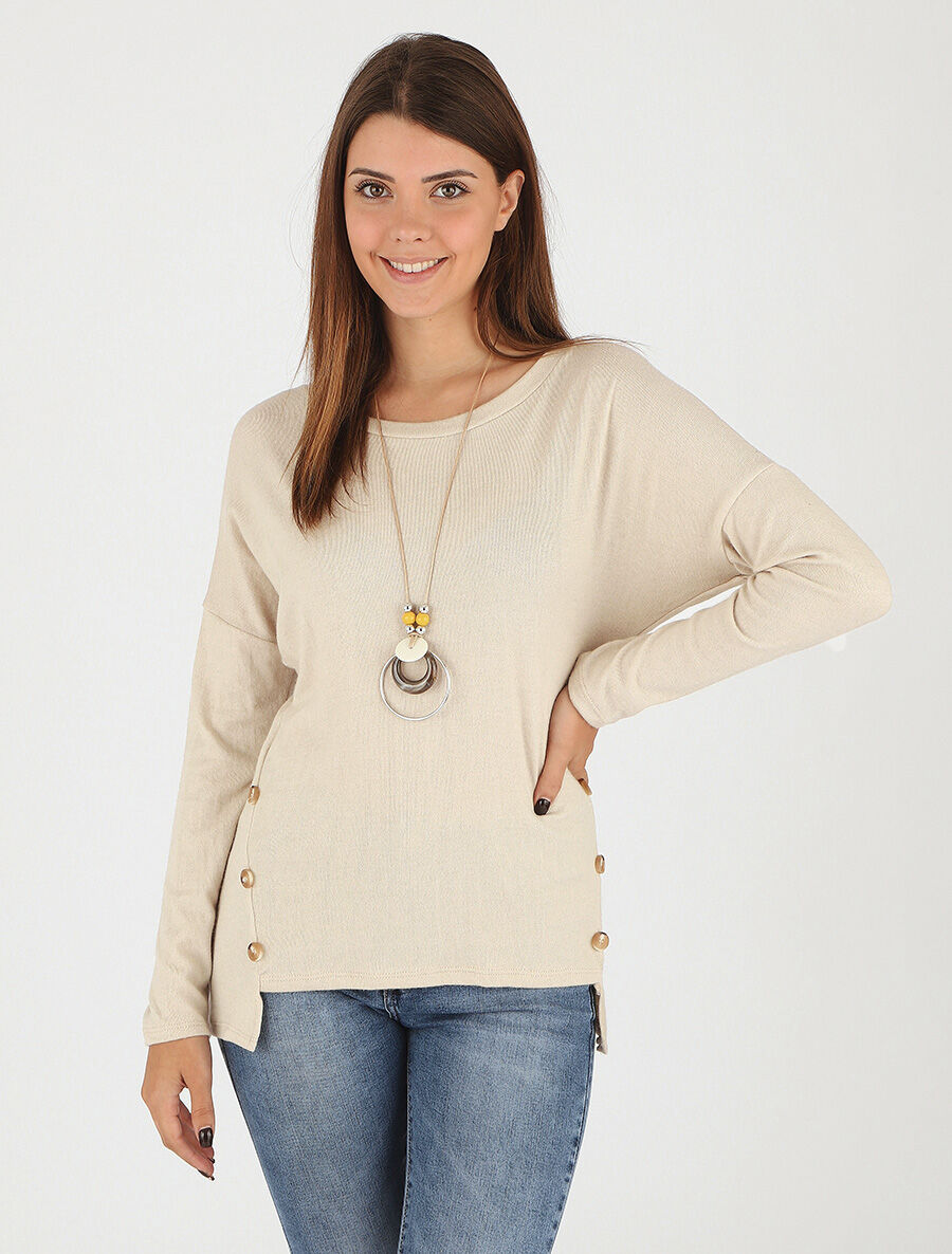 Pull fin uni à col rond - Beige - 4