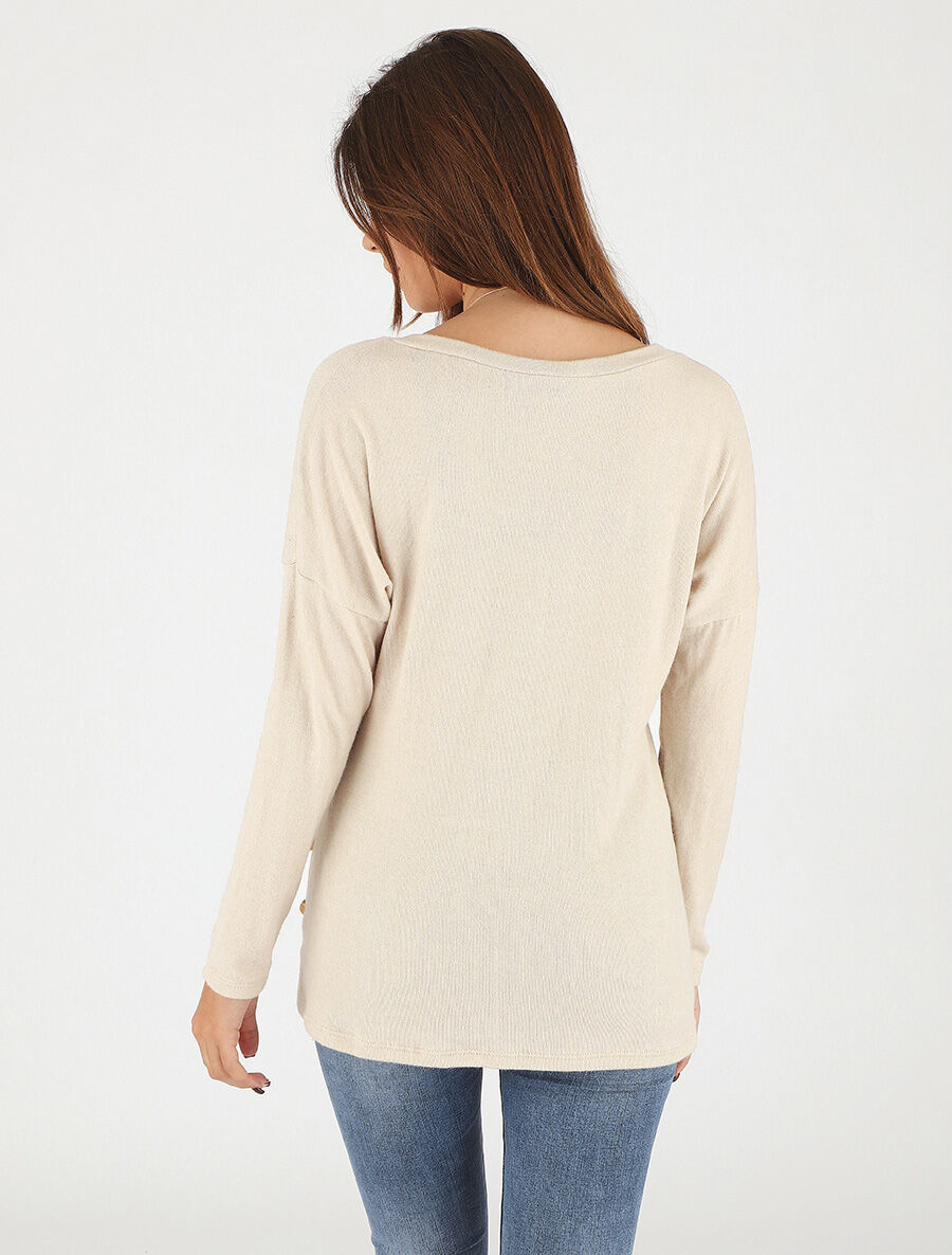 Pull fin uni à col rond - Beige - 5