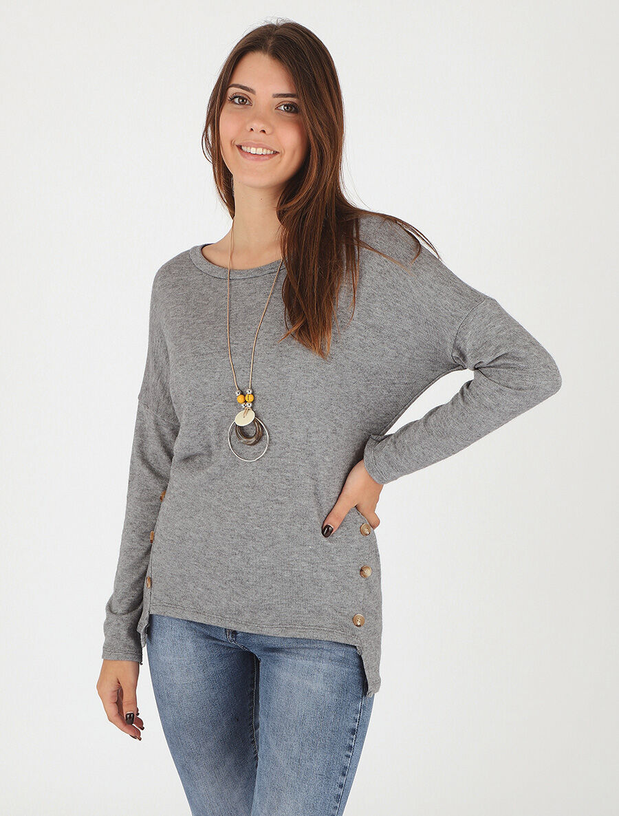 Pull fin uni à col rond - Gris - 4