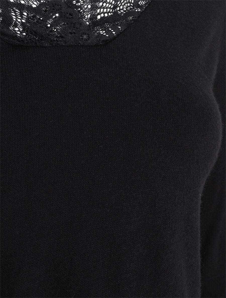 Pull droit col V en dentelle - Noir - 3