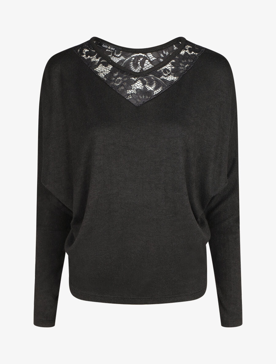 Pull droit col en dentelle et manches longues - Noir - 4