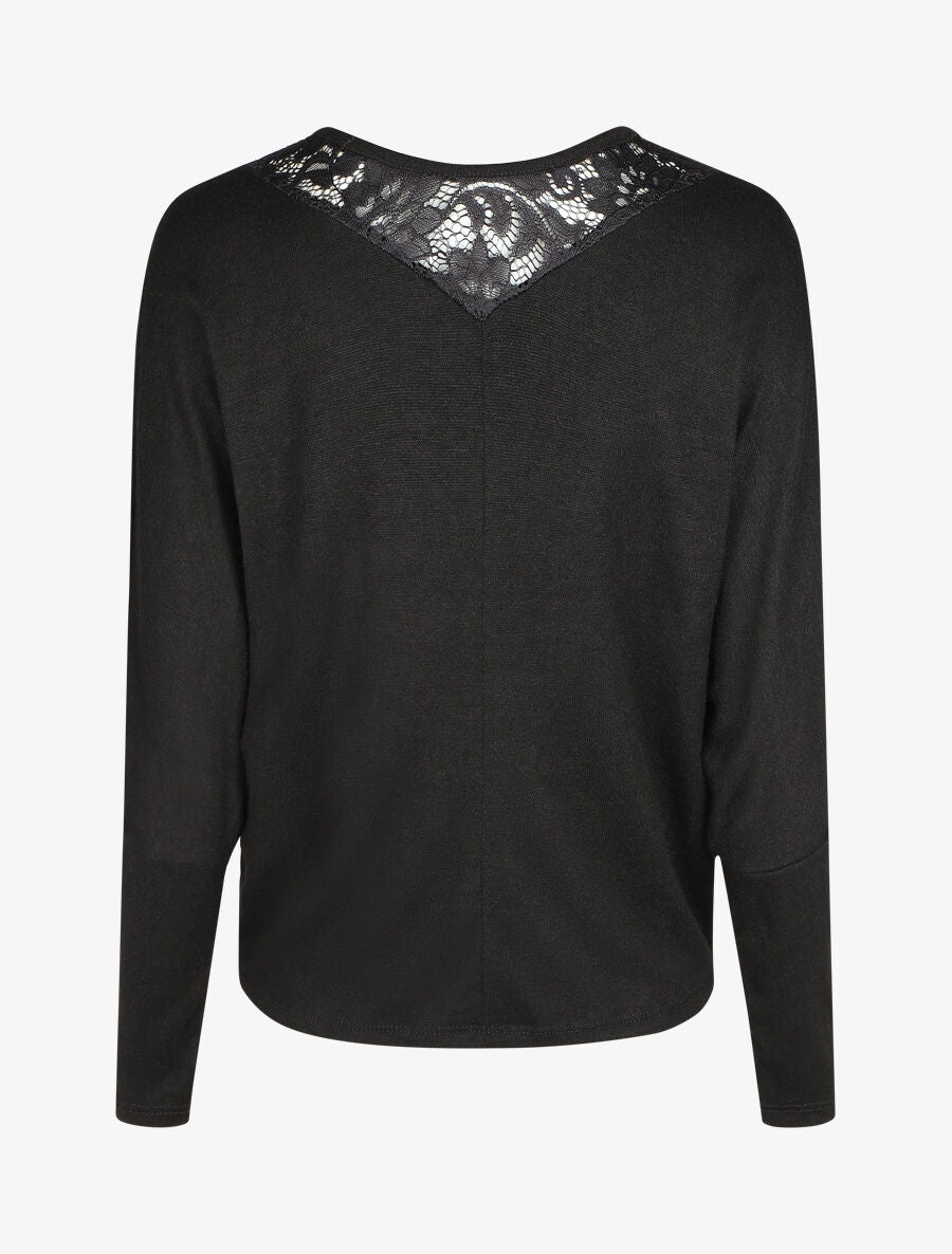 Pull droit col en dentelle et manches longues - Noir - 2