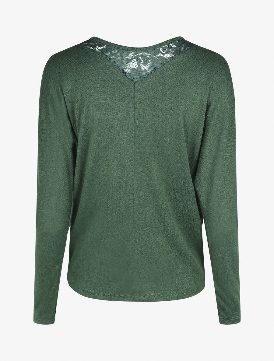 Pull droit col en dentelle et manches longues - Vert foncé - 2
