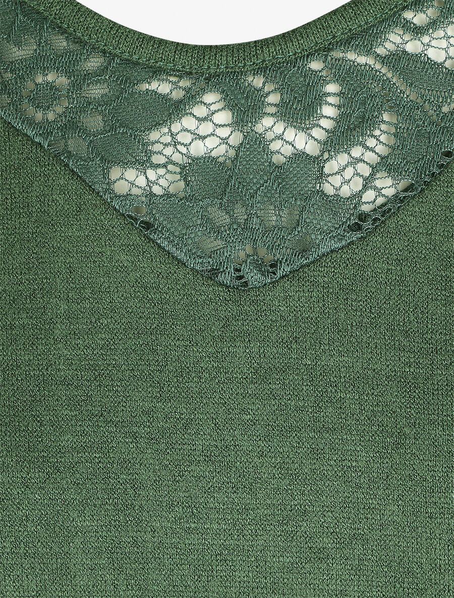 Pull droit col en dentelle et manches longues - Vert foncé - 3