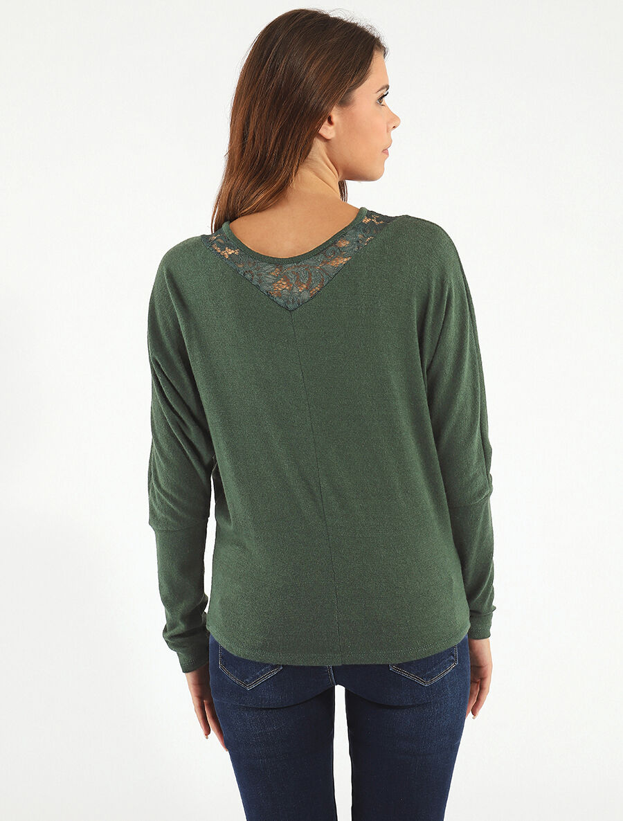 Pull droit col en dentelle et manches longues - Vert foncé - 5