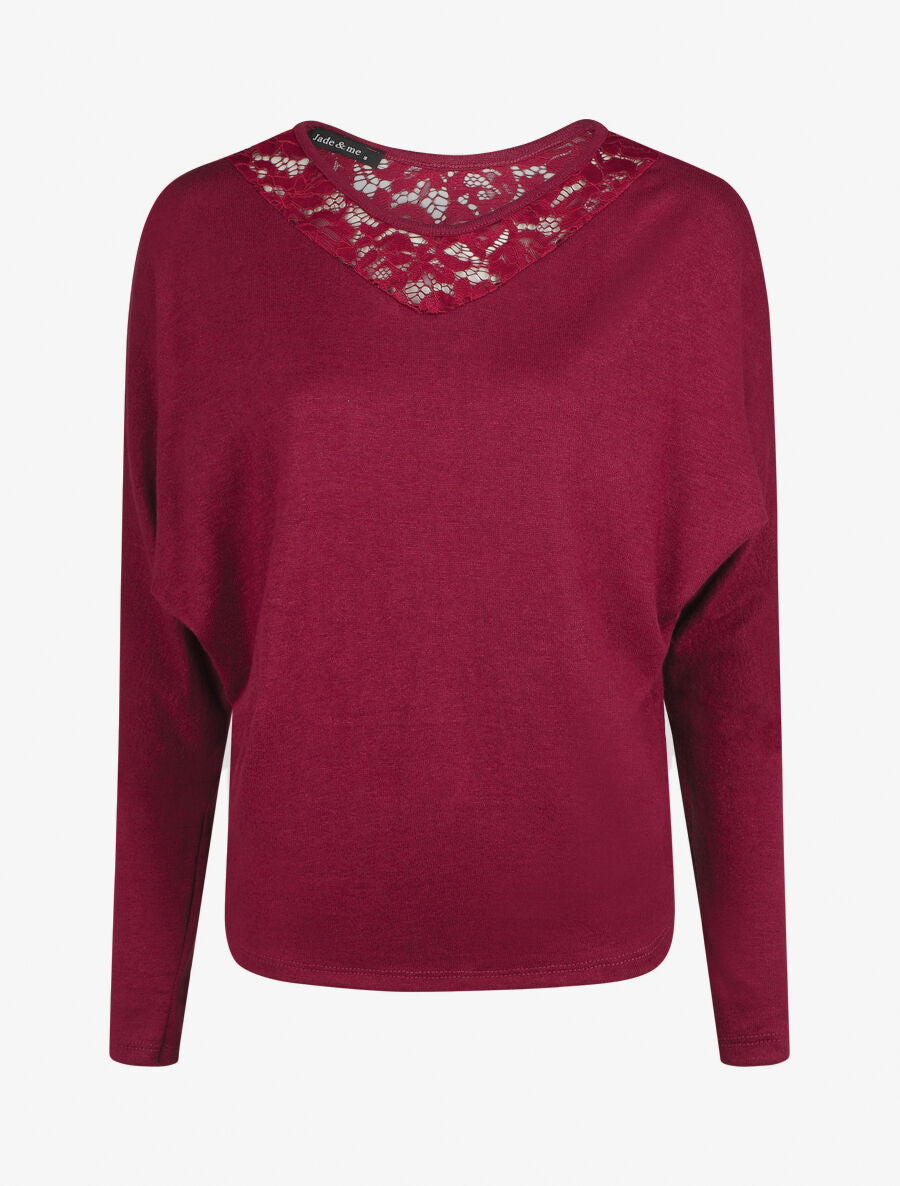 Pull droit col en dentelle et manches longues - Bordeaux - 1
