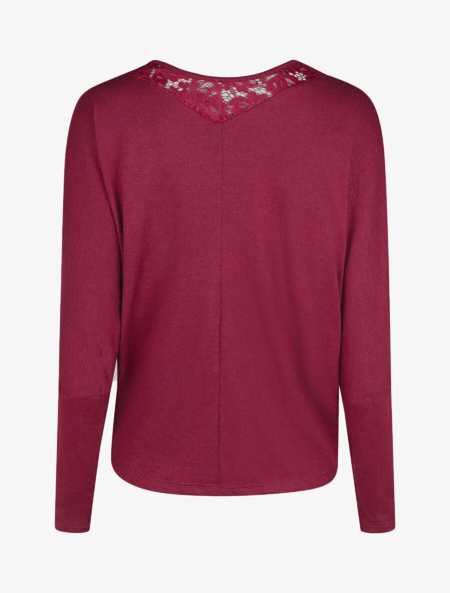 Pull droit col en dentelle et manches longues - Bordeaux - 2