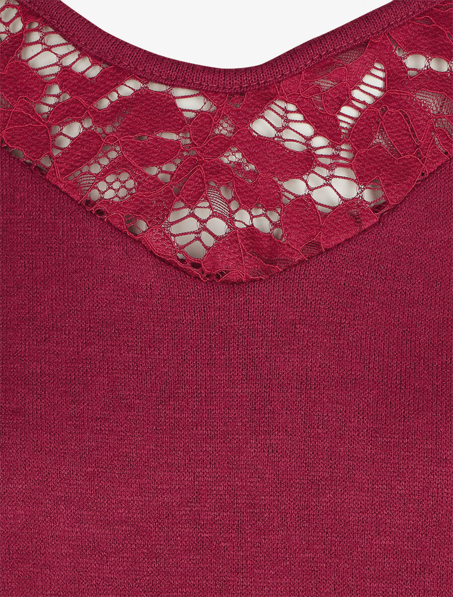 Pull droit col en dentelle et manches longues - Bordeaux - 3