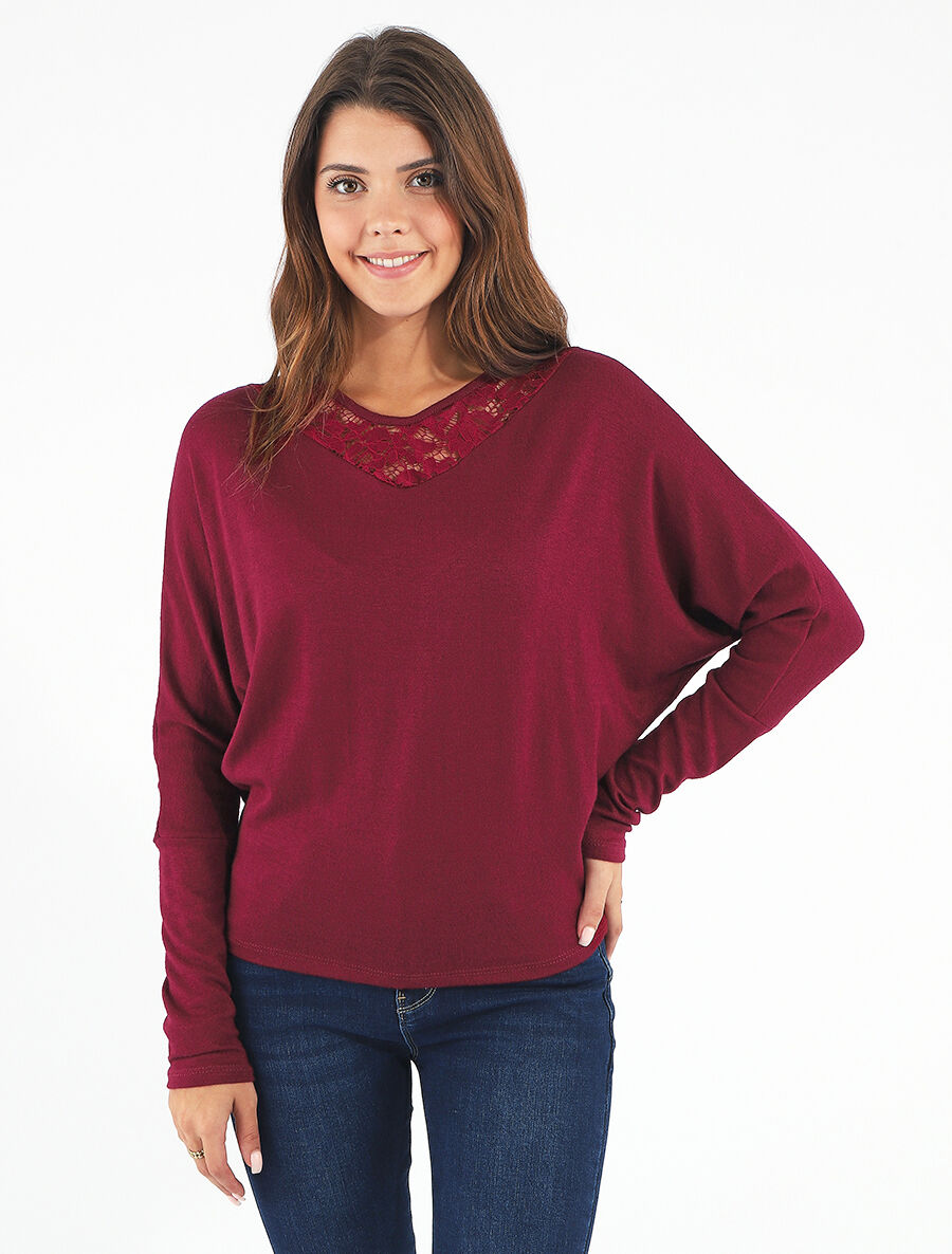 Pull droit col en dentelle et manches longues - Bordeaux - 4