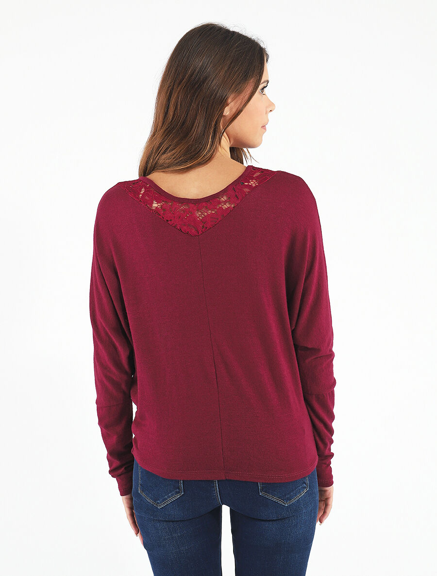 Pull droit col en dentelle et manches longues - Bordeaux - 5