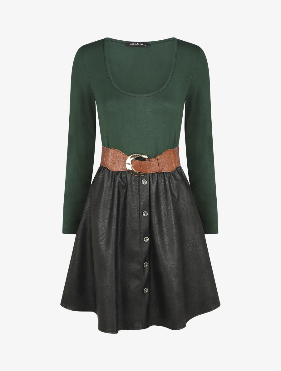 Robe bi-matière courte évasée simili - Vert foncé - 1