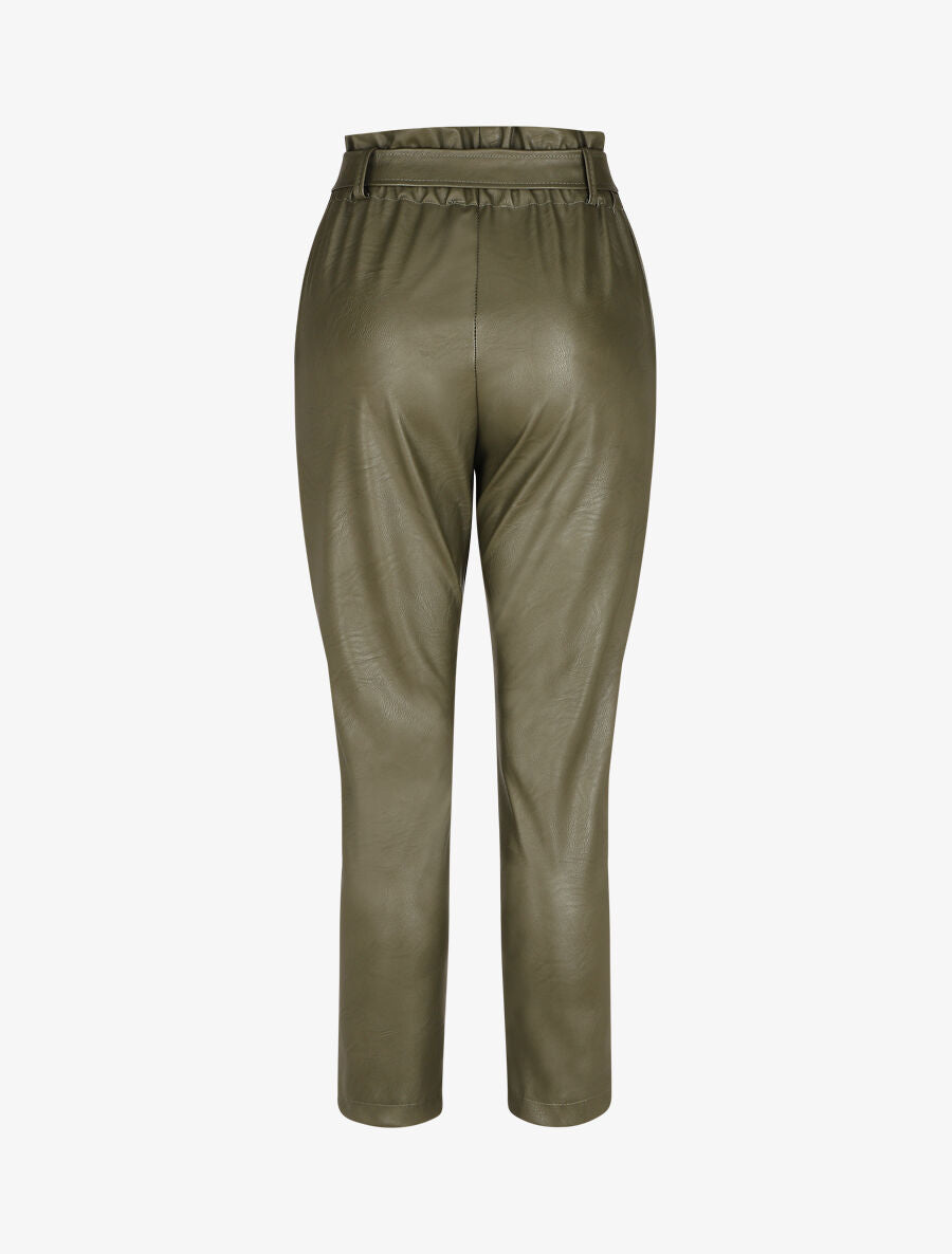 Pantalon paperbag taille haute en simili - Kaki - 2