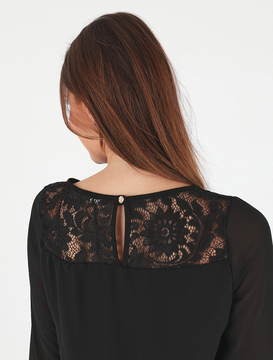 Top uni en voile et dentelle - Noir - 6